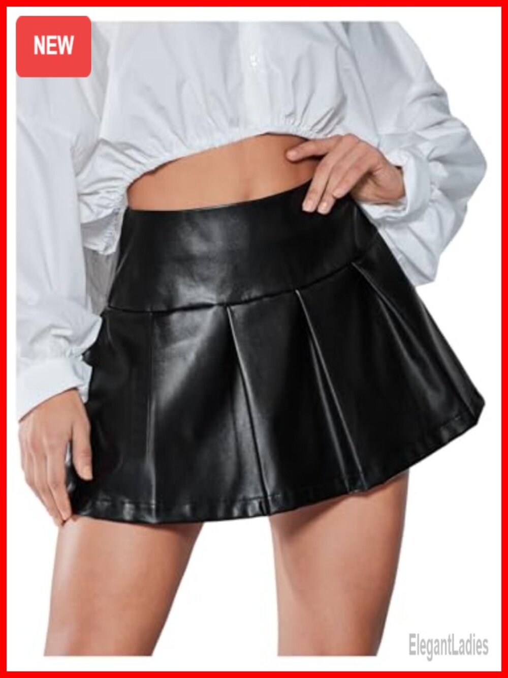 High Waisted Pleated Hem Faux Leather Mini Skirt Night Out
